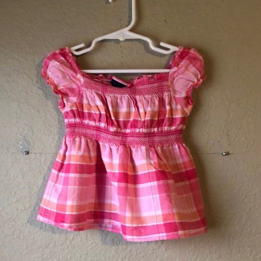 Sonoma Pink and Orange Plaid Girls Peasant Top